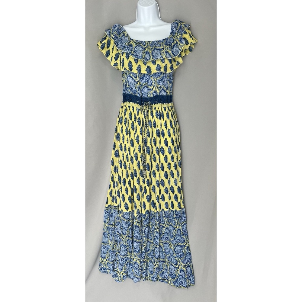 Anthropologie Raga Sunlit Daze‎ Maxi Dress Blue Yellow Floral Off Shoulder M